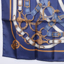 HERMES Carre 90 Scarf Silk Blue White ""CAVALCADOUR"" Auth ki6864M-8