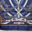 HERMES Carre 90 Scarf Silk Blue White ""CAVALCADOUR"" Auth ki6864M-9