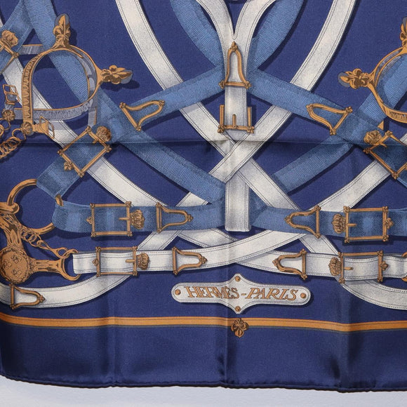 HERMES Carre 90 Scarf Silk Blue White ""CAVALCADOUR"" Auth ki6864M