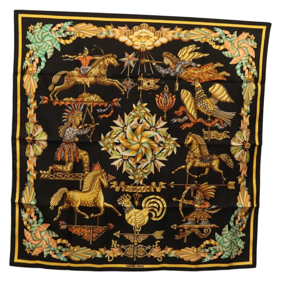 HERMES Carre 90 Scarf Silk Black Yellow Auth ki6865M