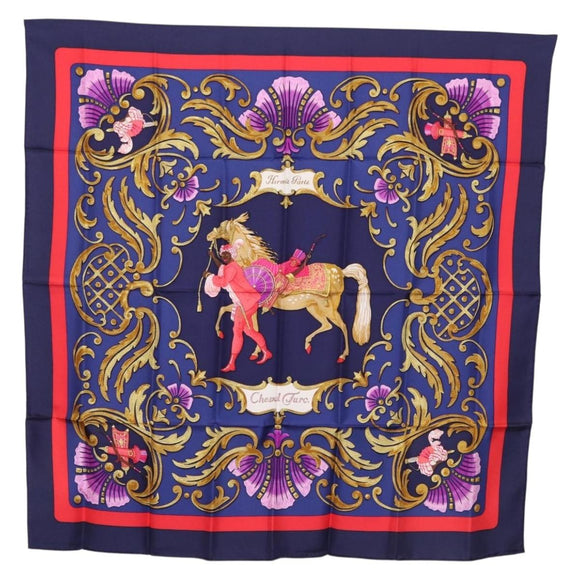 HERMES Carre 90 Scarf Silk Blue Red ""Cheval Jurc."" Auth ki6866M