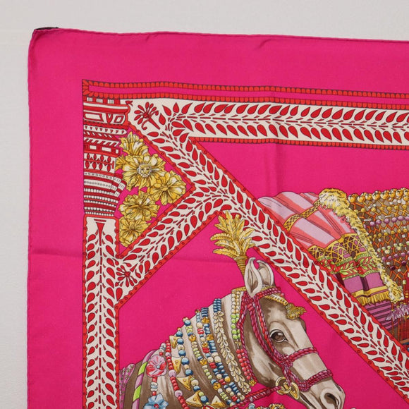 HERMES Carre 90 Scarf Silk Pink ""LA DANSE DU CHEVAL MARAWARI"" Auth ki6868M