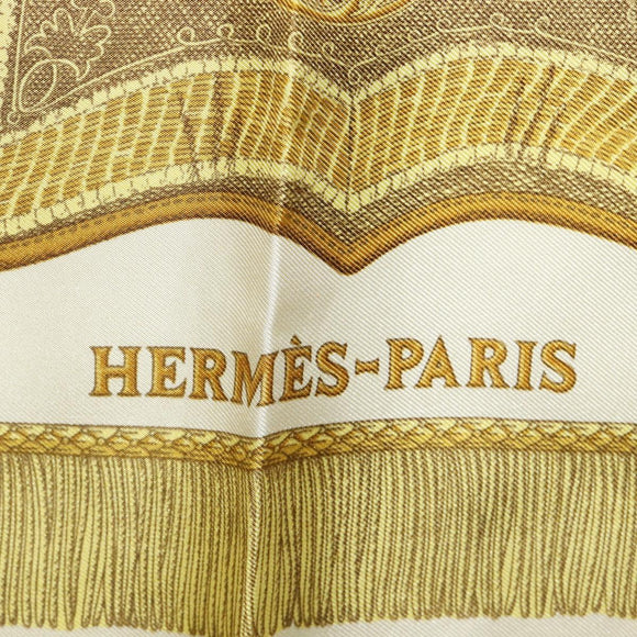 HERMES Carre 90 Scarf Silk Beige Yellow ""Porte et Carvalerie"" Auth ki6869M