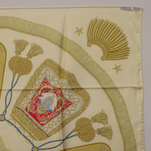 HERMES Carre 90 Scarf Silk Beige Yellow ""Porte et Carvalerie"" Auth ki6869M