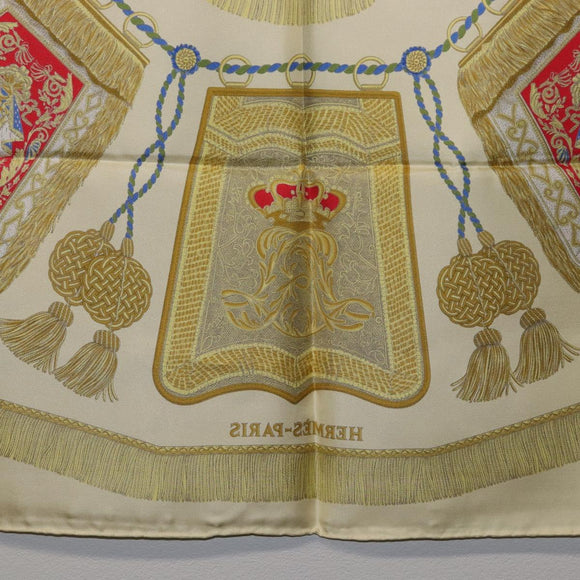 HERMES Carre 90 Scarf Silk Beige Yellow ""Porte et Carvalerie"" Auth ki6869M