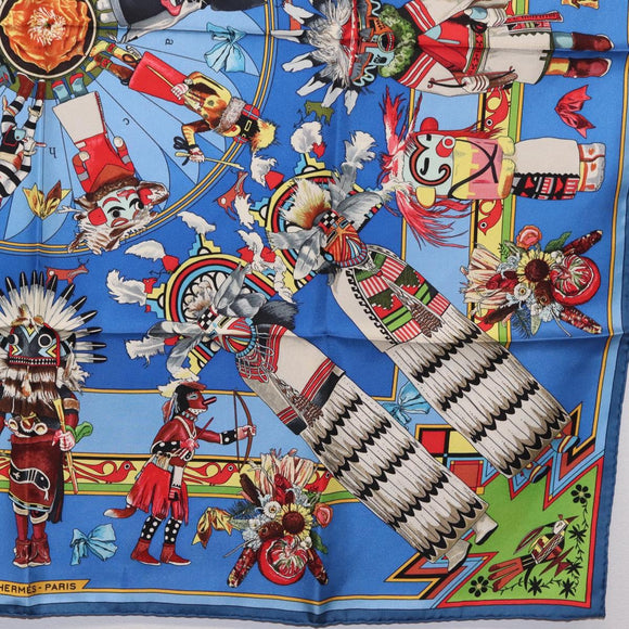 HERMES Carre 90 Scarf Silk Blue Red ""KACHINAS"" Auth ki6872M