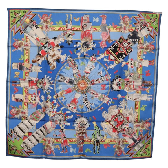 HERMES Carre 90 Scarf Silk Blue Red ""KACHINAS"" Auth ki6872M