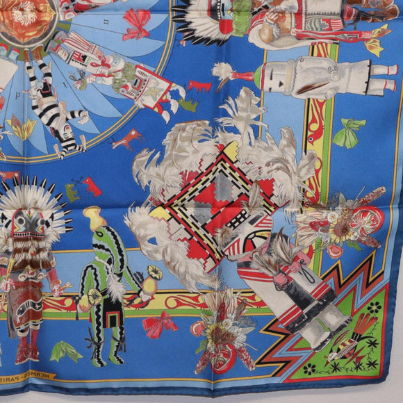HERMES Carre 90 Scarf Silk Blue Red ""KACHINAS"" Auth ki6872M