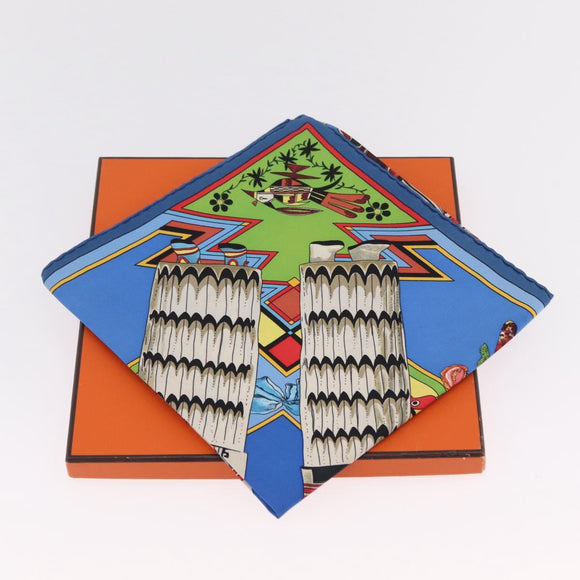 HERMES Carre 90 Scarf Silk Blue Red ""KACHINAS"" Auth ki6872M