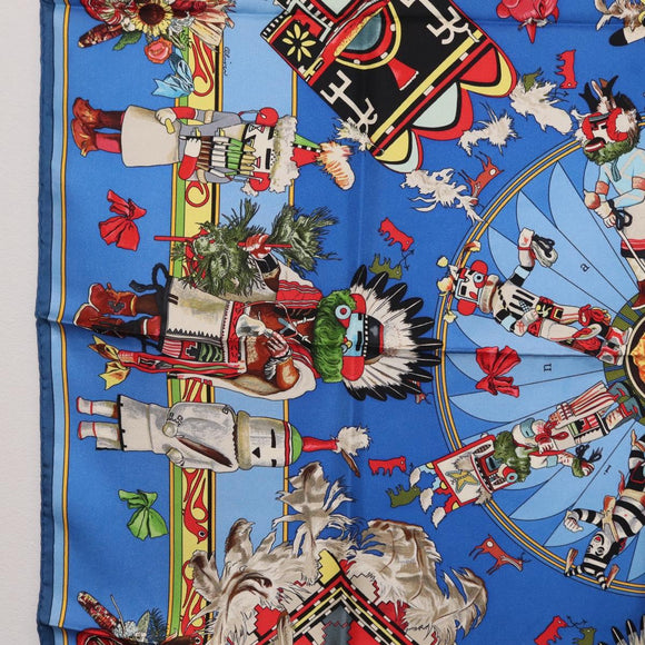 HERMES Carre 90 Scarf Silk Blue Red ""KACHINAS"" Auth ki6872M