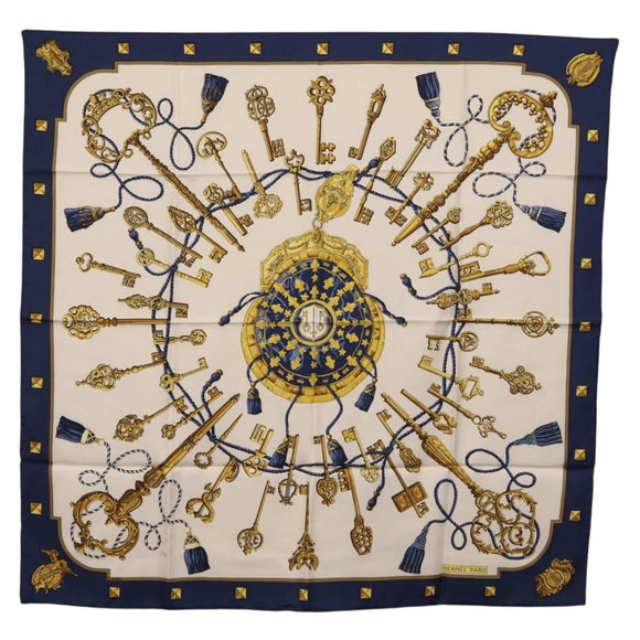 HERMES Carre 90 Scarf Silk Blue White Auth ki6874M