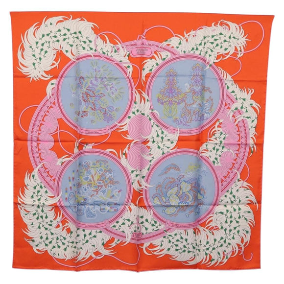 HERMES Carre 90 Scarf Silk Orange Light Blue ""Le Gui du Chene"" Auth ki6875M