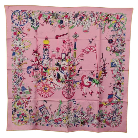 HERMES Carre 90 Scarf Silk Pink Yellow ""La Folle Parade"" Auth ki6876M
