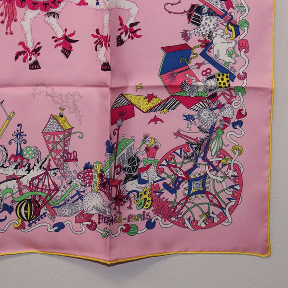 HERMES Carre 90 Scarf Silk Pink Yellow ""La Folle Parade"" Auth ki6876M