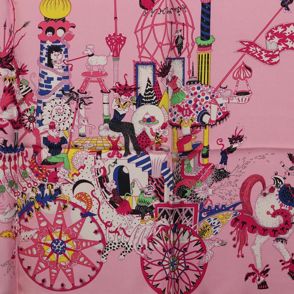 HERMES Carre 90 Scarf Silk Pink Yellow ""La Folle Parade"" Auth ki6876M