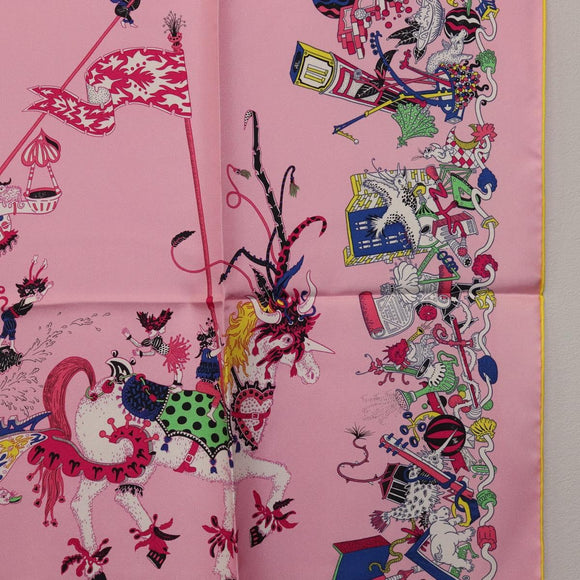 HERMES Carre 90 Scarf Silk Pink Yellow ""La Folle Parade"" Auth ki6876M
