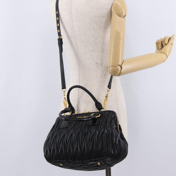 Miu Miu Matelasse Hand Bag Leather 2way Black Gold Tone Auth ki6891M