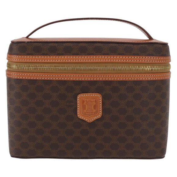 CELINE Macadam Vanity Cosmetic Pouch PVC Brown Gold Tone Auth ki6895M