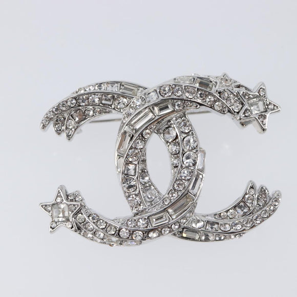 CHANEL Brooch Metal Silver CC Auth ki6897M