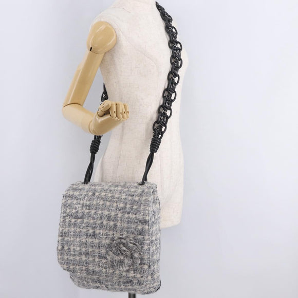 CHANEL Camellia Chain Shoulder Bag Tweed Gray Silver CC Auth ki6898M