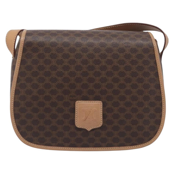 CELINE Macadam Canvas Shoulder Bag PVC Leather Brown Gold Auth ki6901A