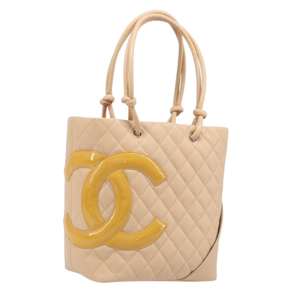 CHANEL Cambon Line Tote Bag Leather Beige Silver CC Auth ki6919SAM