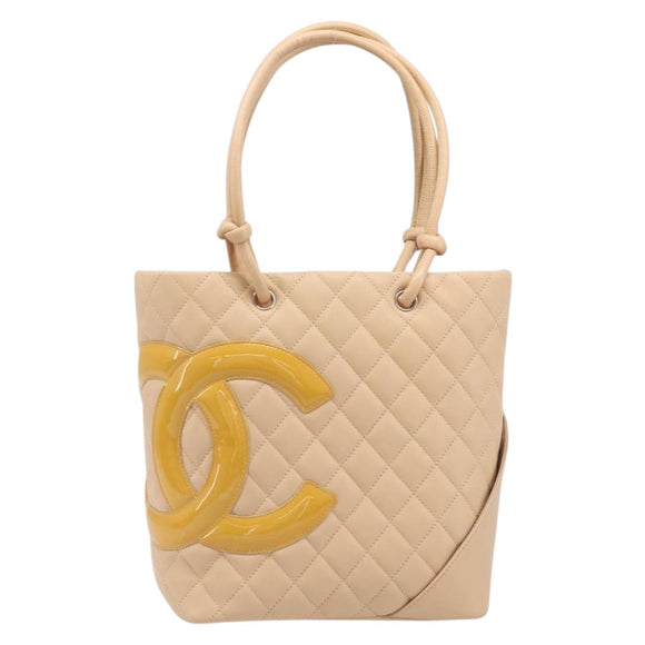 CHANEL Cambon Line Tote Bag Leather Beige Silver CC Auth ki6919SAM