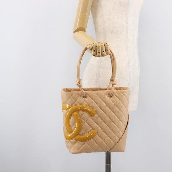 CHANEL Cambon Line Tote Bag Leather Beige Silver CC Auth ki6919SAM
