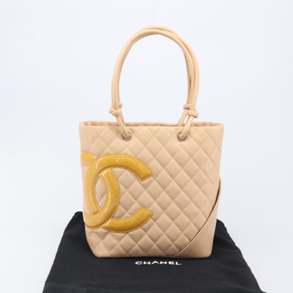 CHANEL Cambon Line Tote Bag Leather Beige Silver CC Auth ki6919SAM