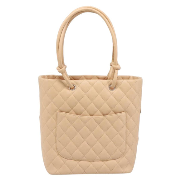 CHANEL Cambon Line Tote Bag Leather Beige Silver CC Auth ki6919SAM