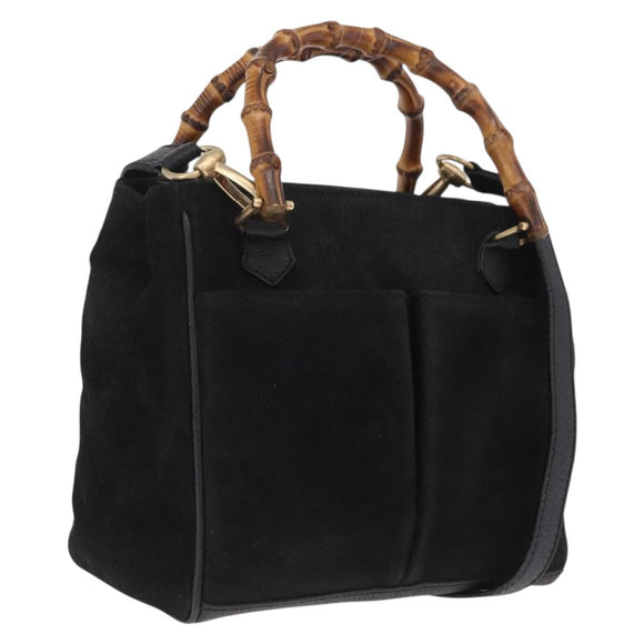 GUCCI Bamboo Hand Bag Suede 2way Black Gold Tone 000 122 0316 Auth ki6928A
