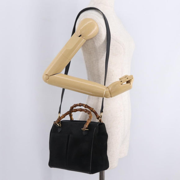 GUCCI Bamboo Hand Bag Suede 2way Black Gold Tone 000 122 0316 Auth ki6928A