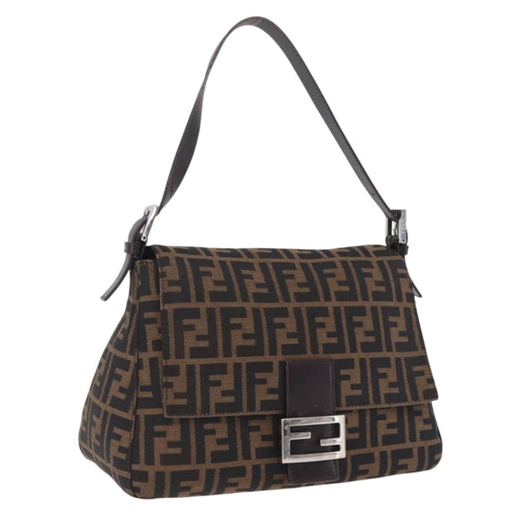 FENDI Zucca Canvas Mamma Baguette Shoulder Bag Brown Silver Auth ki6929V