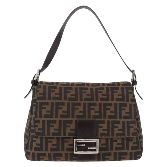 FENDI Zucca Canvas Mamma Baguette Shoulder Bag Brown Silver Auth ki6929V