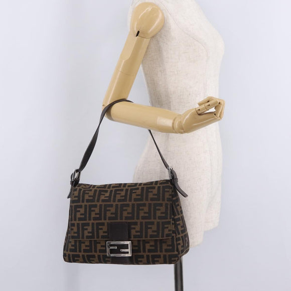 FENDI Zucca Canvas Mamma Baguette Shoulder Bag Brown Silver Auth ki6929V