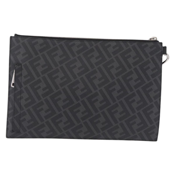 FENDI Zucca Canvas Clutch Bag PVC Black Silver 7N0100 Auth ki6931V
