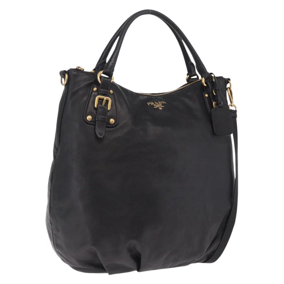 PRADA Tote Bag Leather 2way Black Gold Tone Auth ki6940V