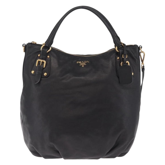 PRADA Tote Bag Leather 2way Black Gold Tone Auth ki6940V