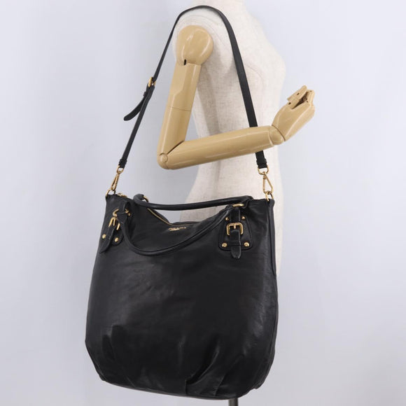 PRADA Tote Bag Leather 2way Black Gold Tone Auth ki6940V