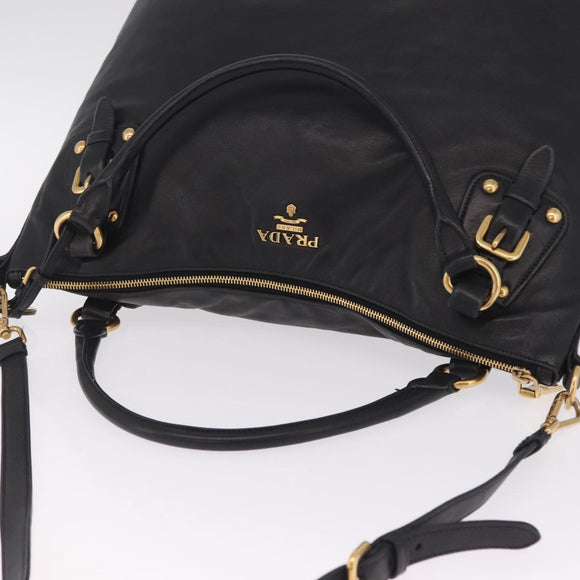 PRADA Tote Bag Leather 2way Black Gold Tone Auth ki6940V