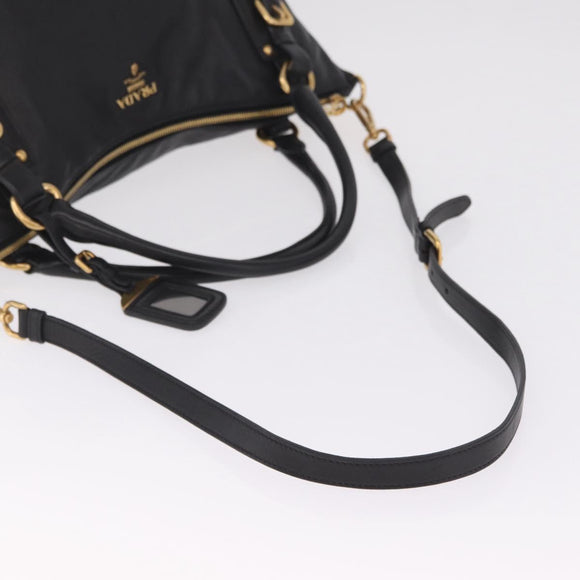 PRADA Tote Bag Leather 2way Black Gold Tone Auth ki6940V