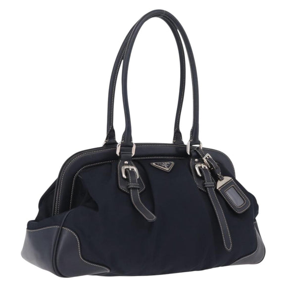 PRADA Boston Bag Nylon Navy Silver Auth ki6952V