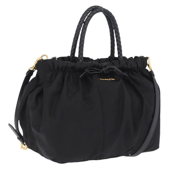 PRADA Tote Bag Nylon 2way Black Gold Tone Auth ki6955V