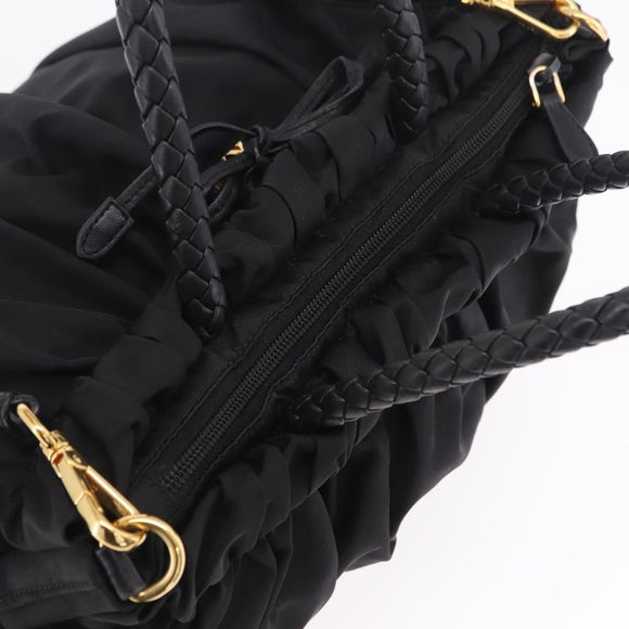 PRADA Tote Bag Nylon 2way Black Gold Tone Auth ki6955V
