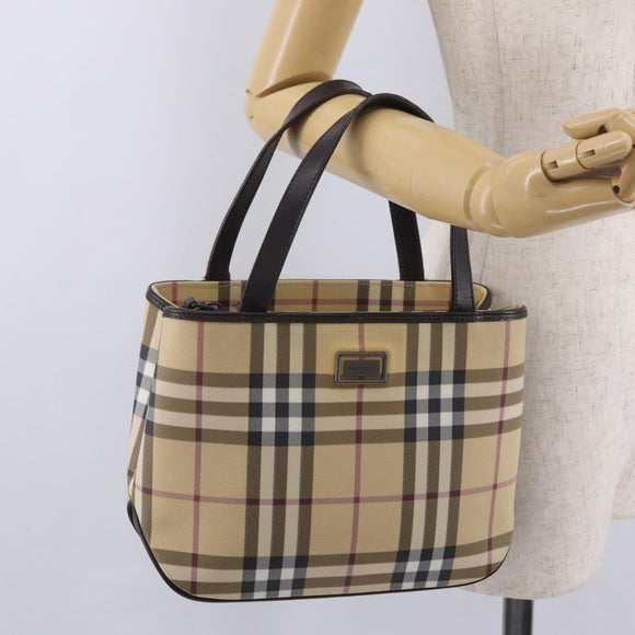 BURBERRY Nova Check Hand Bag PVC Leather Beige Silver Auth ki6960A