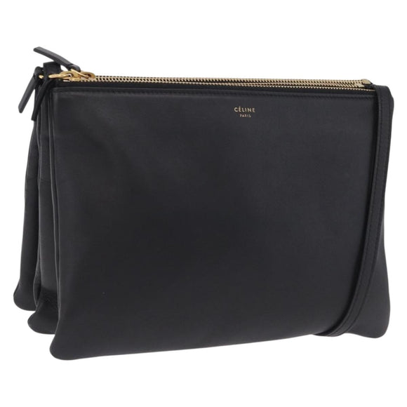 CELINE Trio Large Shoulder Bag Leather Black Gold Auth ki6971M