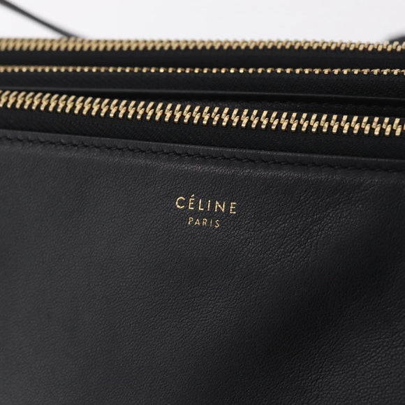 CELINE Trio Large Shoulder Bag Leather Black Gold Auth ki6971M