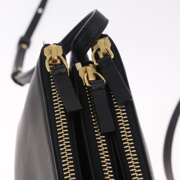 CELINE Trio Large Shoulder Bag Leather Black Gold Auth ki6971M