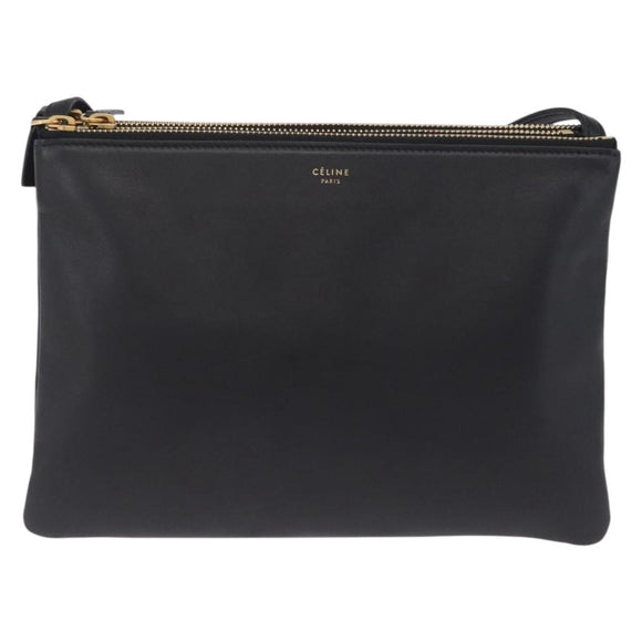 CELINE Trio Large Shoulder Bag Leather Black Gold Auth ki6971M