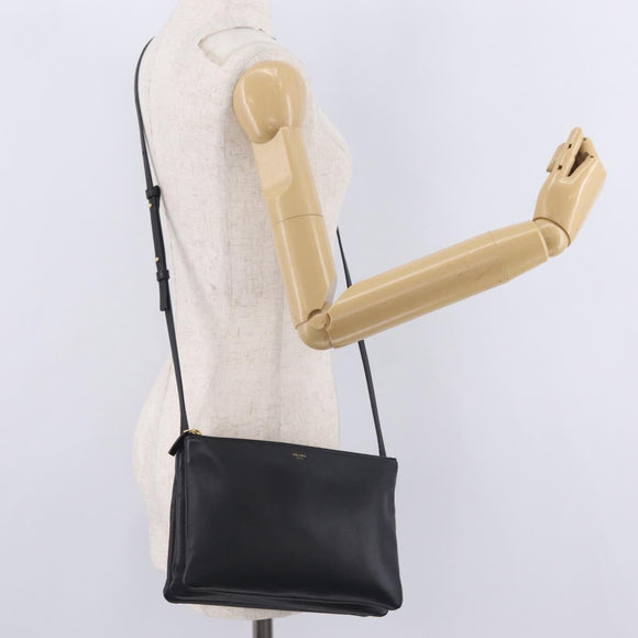 CELINE Trio Large Shoulder Bag Leather Black Gold Auth ki6971M